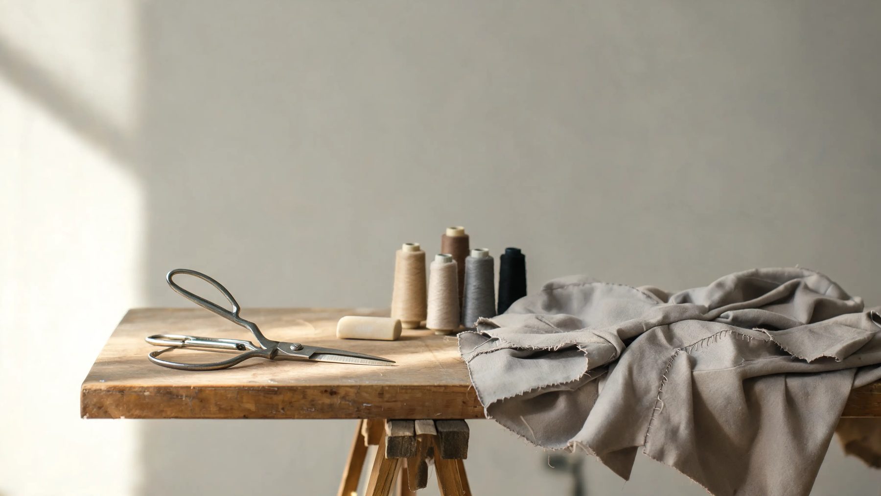 Workroom bench with shears, chalk and thread